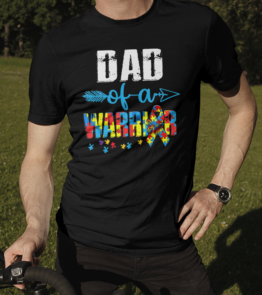 Dad Of A Warrior Autism Awareness Ribbon Arrow Puzzle T-Shirt