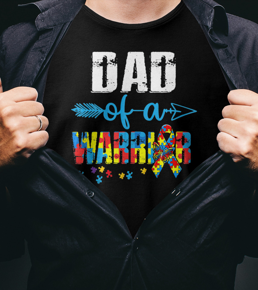 Dad Of A Warrior Autism Awareness Ribbon Arrow Puzzle T-Shirt
