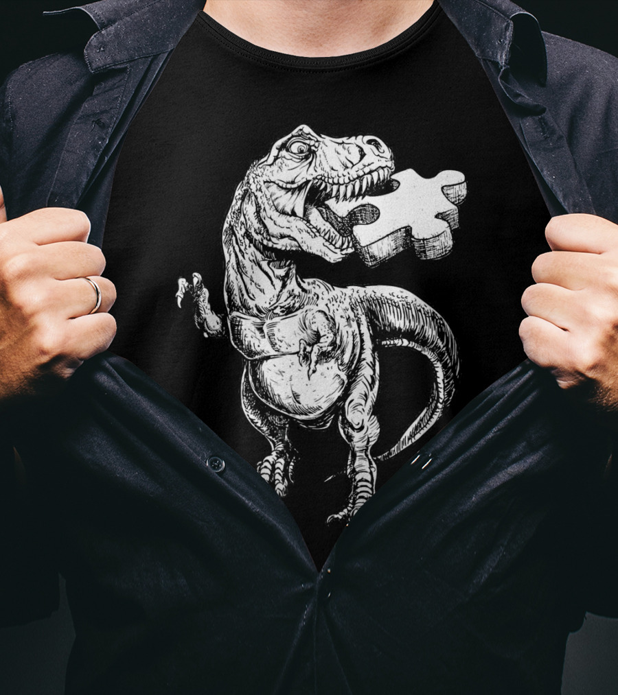 Cool Dinosaur Puzzle Piece Autism Awareness T-Shirt
