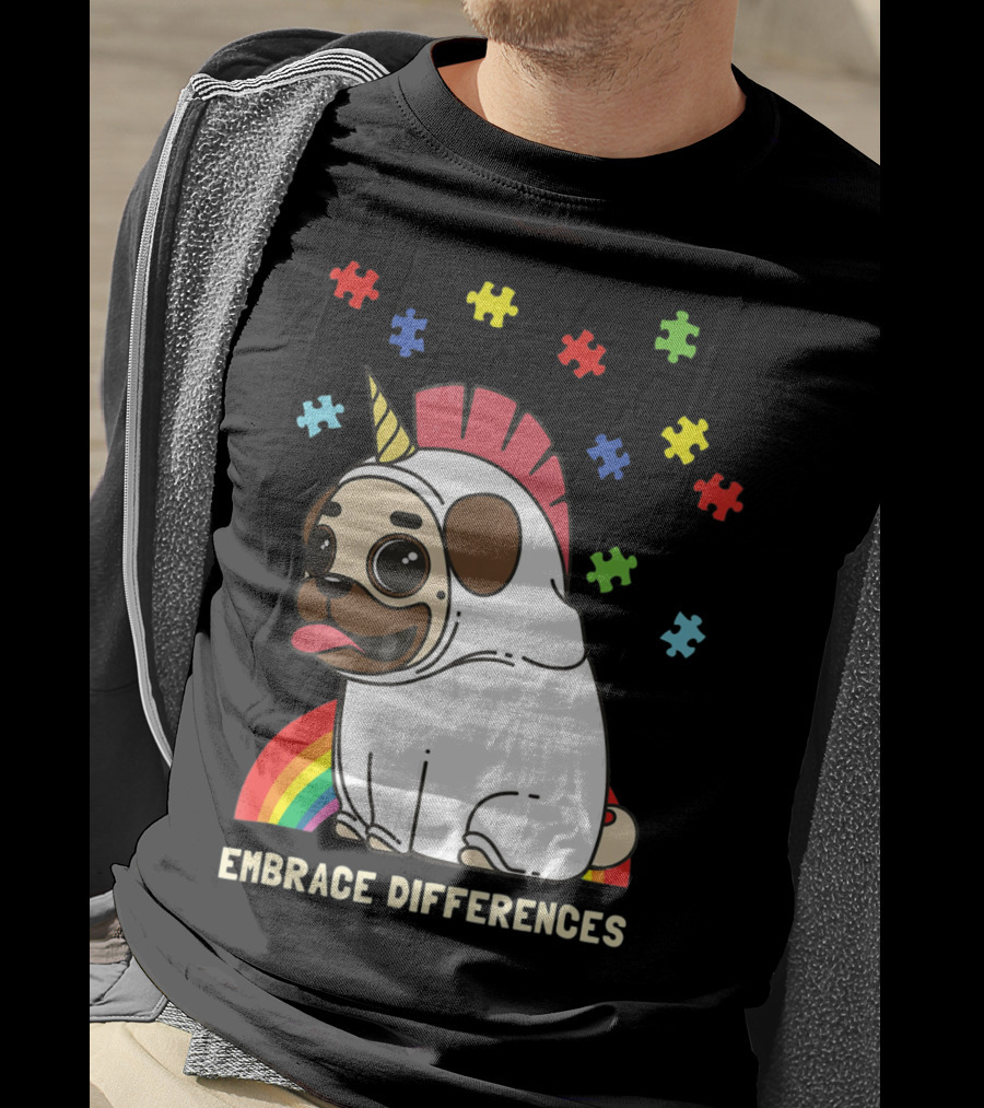 Embrace Differences Autism Awareness Unicorn Pug T-Shirt