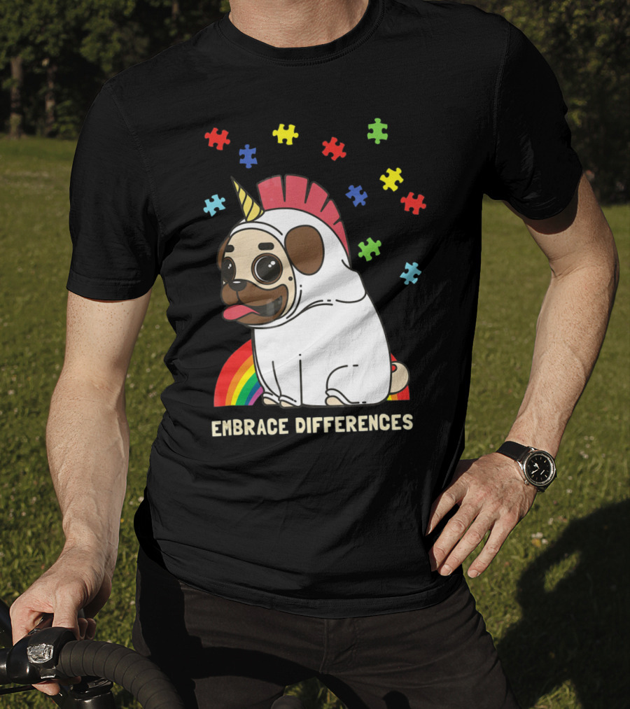 Embrace Differences Autism Awareness Unicorn Pug T-Shirt