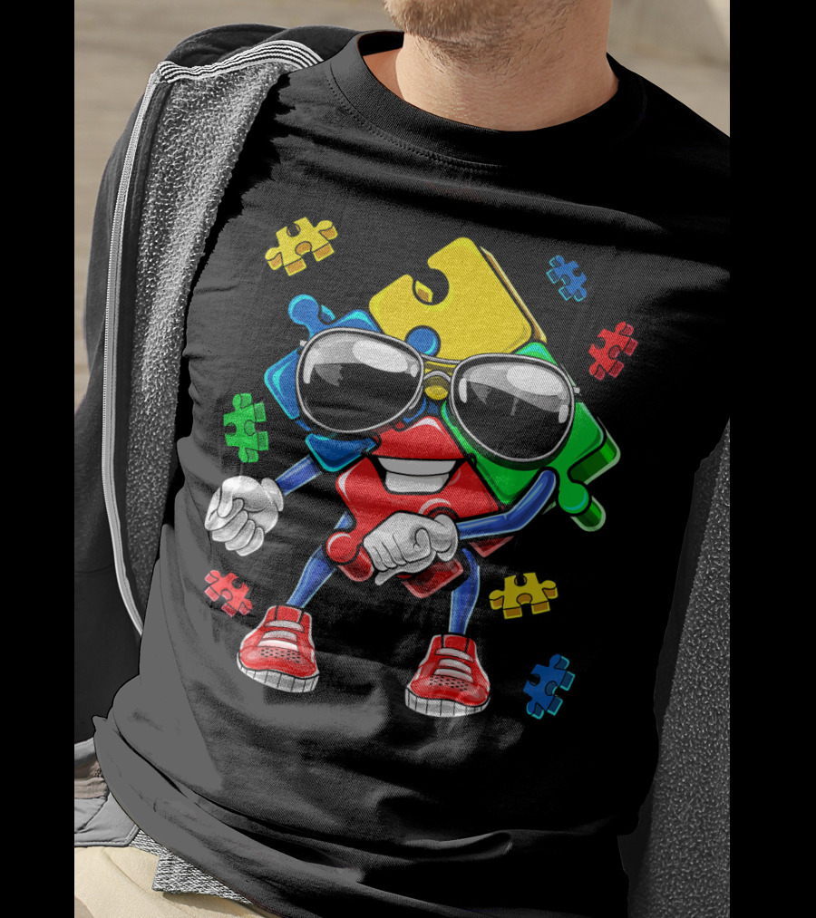 Autism Awareness Flossing Puzzle Piece With Sunglasses And Sneakers T-Shirt