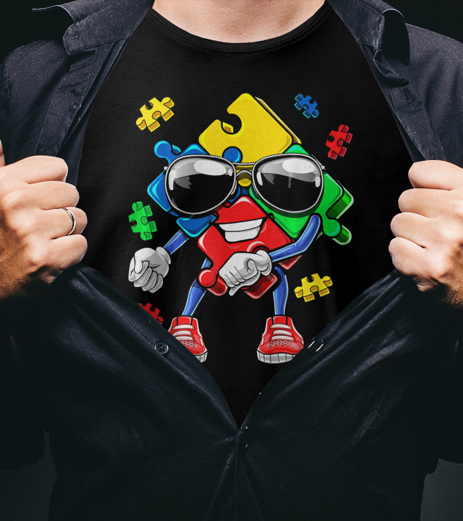 Autism Awareness Flossing Puzzle Piece With Sunglasses And Sneakers T-Shirt