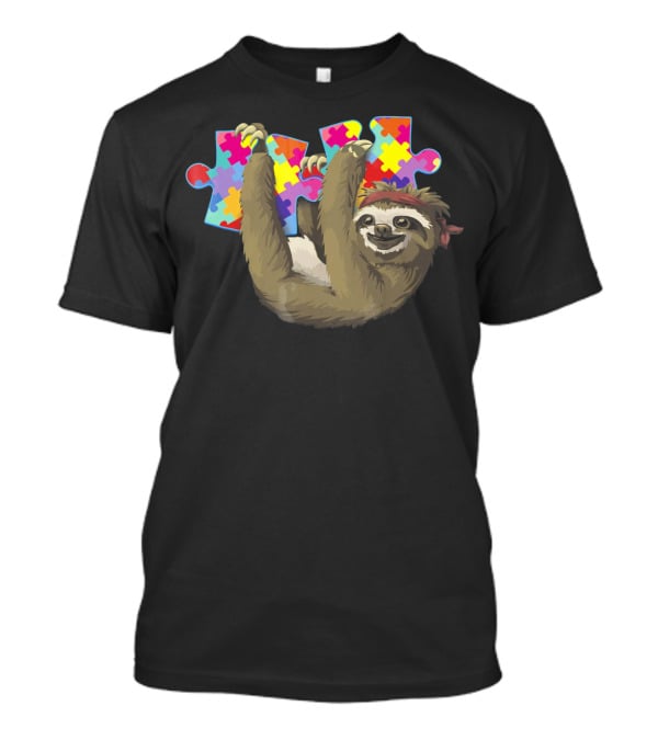 Sassy Sloth Holding Colorful Autism Awareness Puzzle Pieces T-Shirt