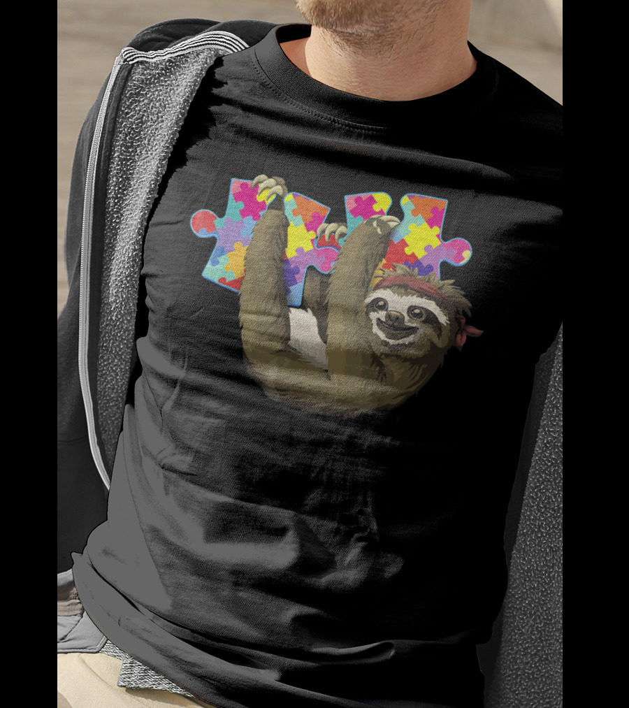 Sassy Sloth Holding Colorful Autism Awareness Puzzle Pieces T-Shirt