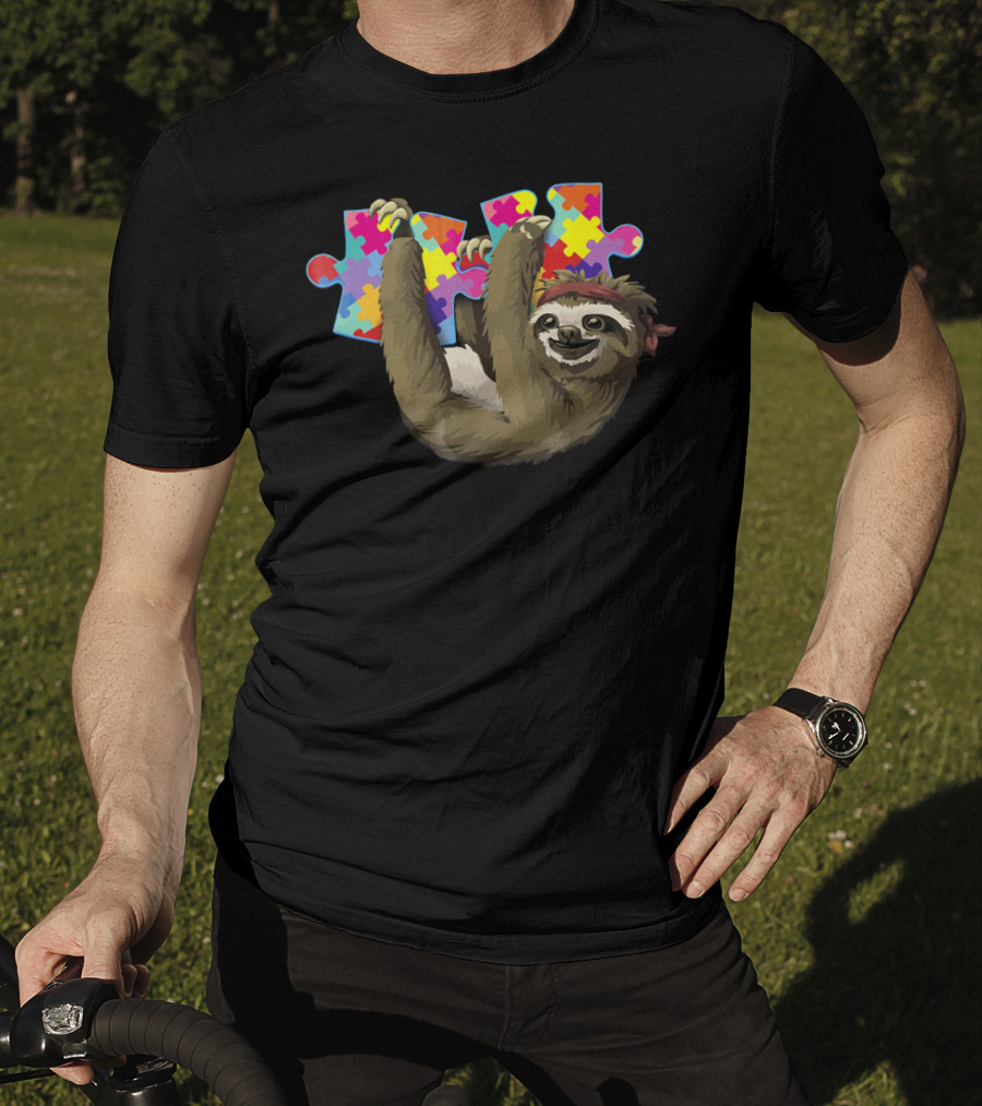 Sassy Sloth Holding Colorful Autism Awareness Puzzle Pieces T-Shirt