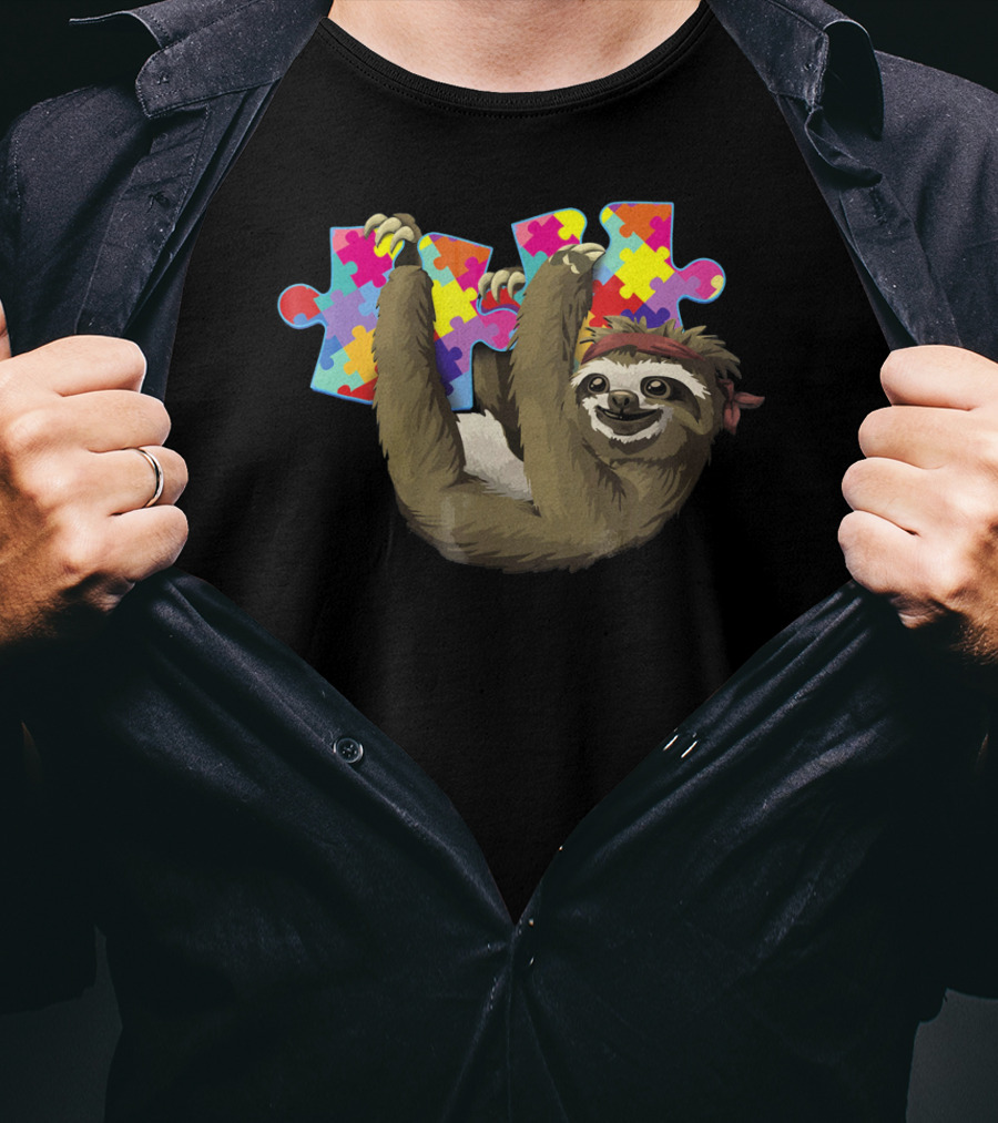 Sassy Sloth Holding Colorful Autism Awareness Puzzle Pieces T-Shirt