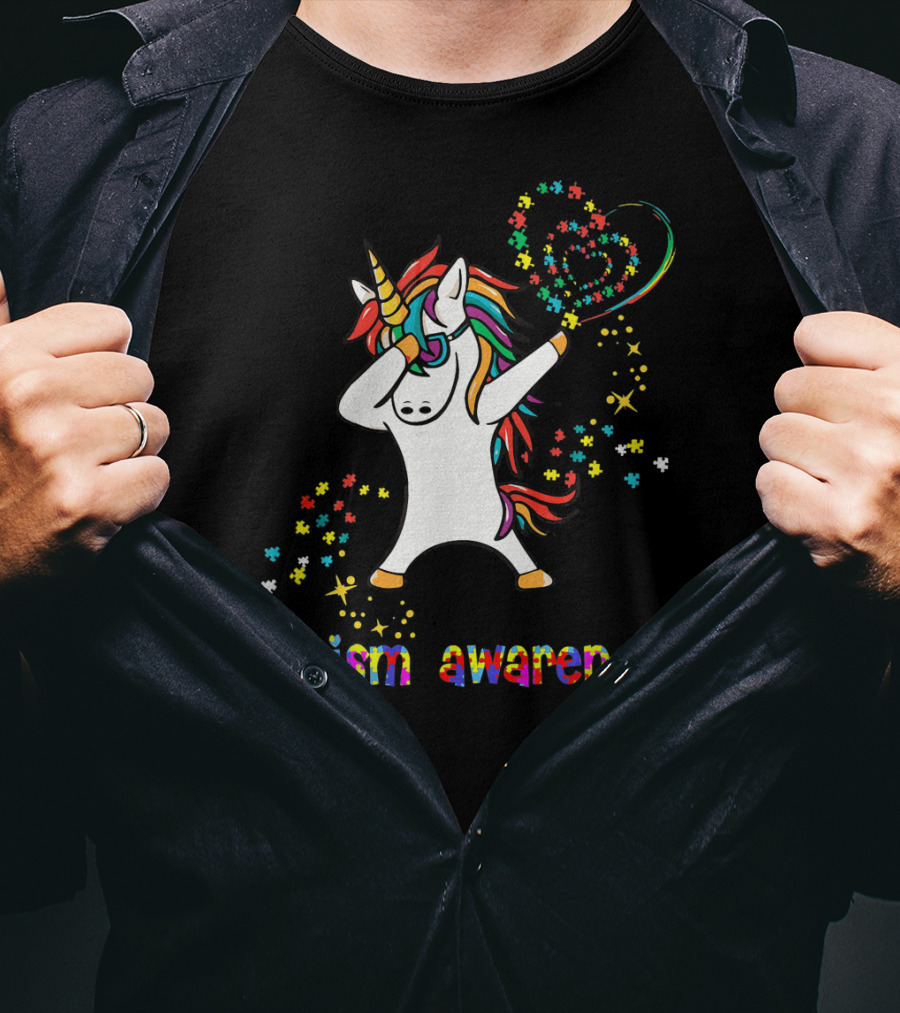 Autism Awareness Dabbing Unicorn Rainbow Puzzle Heart T-Shirt