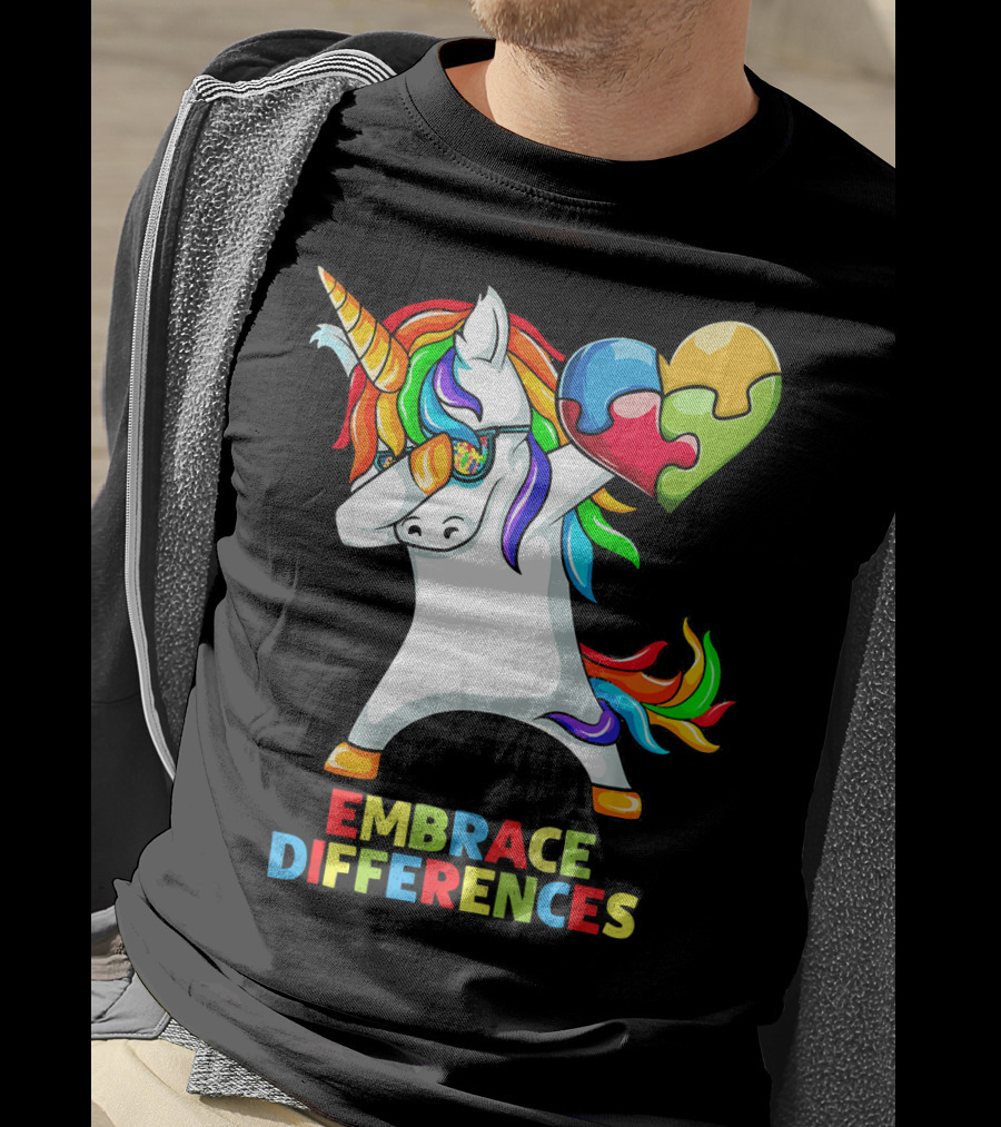 Dabbing Unicorn Embrace Differences Autism Puzzle Heart T-Shirt