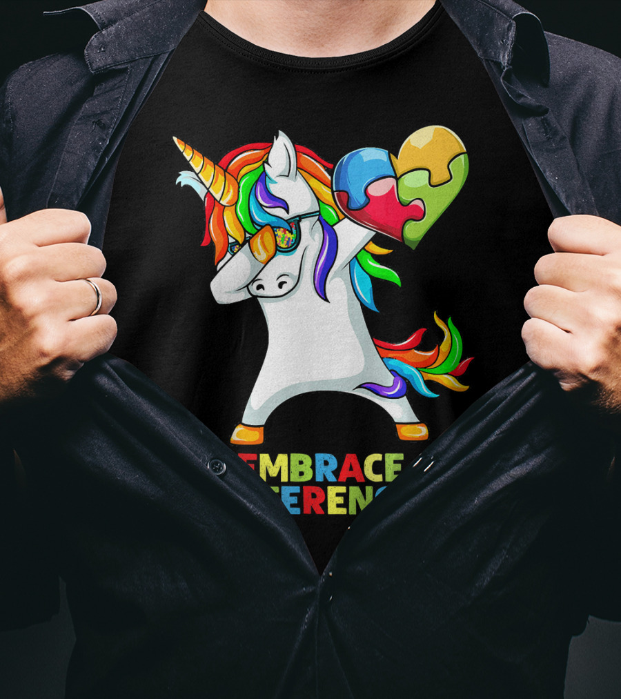 Dabbing Unicorn Embrace Differences Autism Puzzle Heart T-Shirt