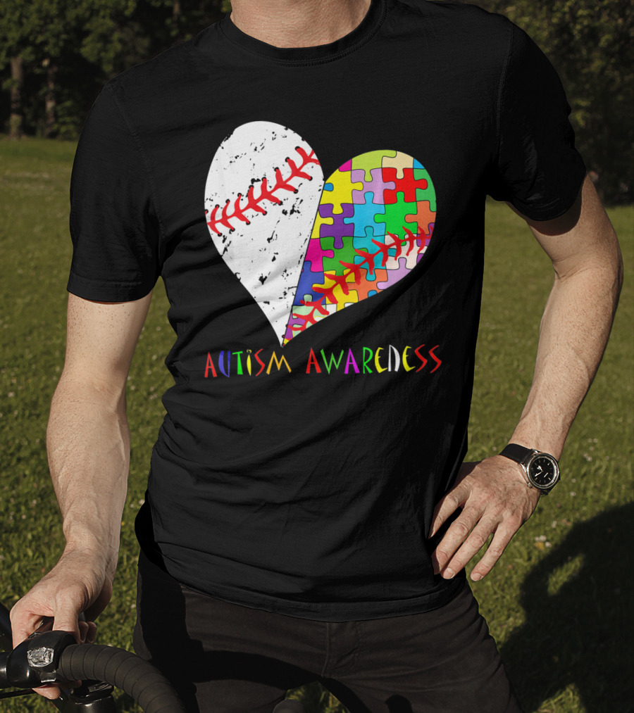 Swing For A Cause Baseball Heart Autism Awareness Puzzle Pieces T-Shirt