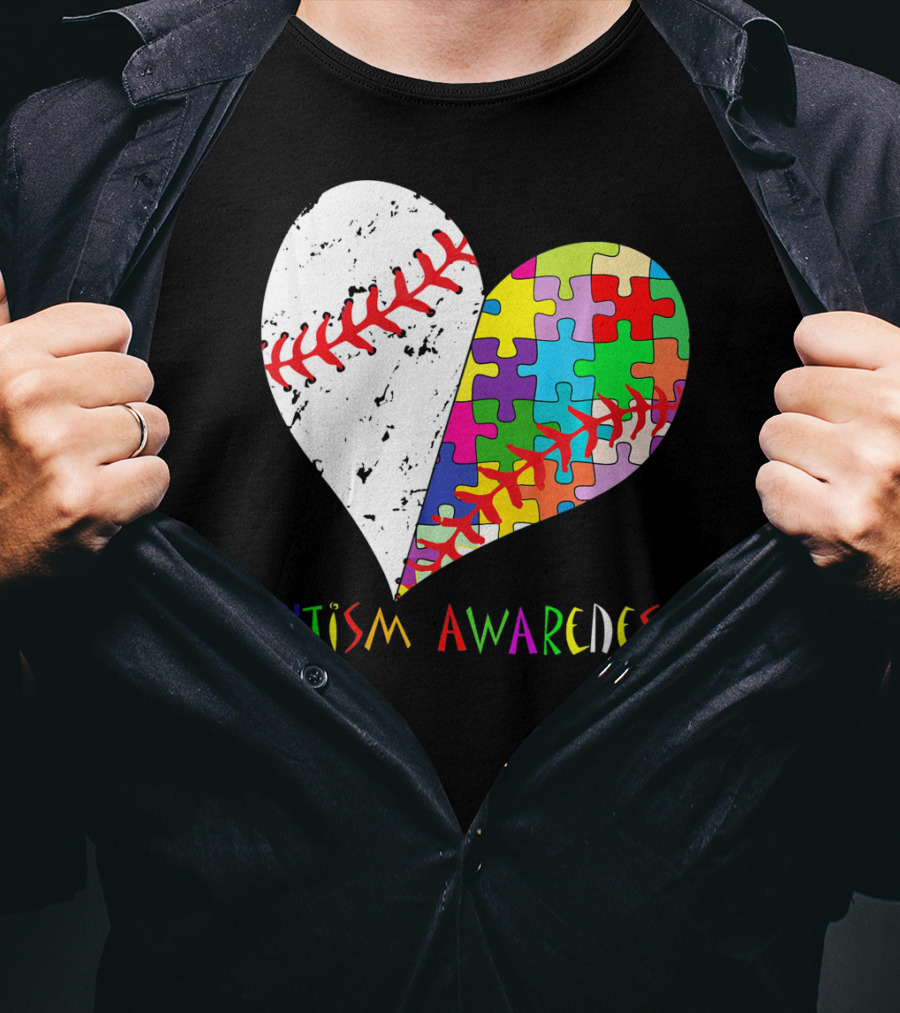 Swing For A Cause Baseball Heart Autism Awareness Puzzle Pieces T-Shirt