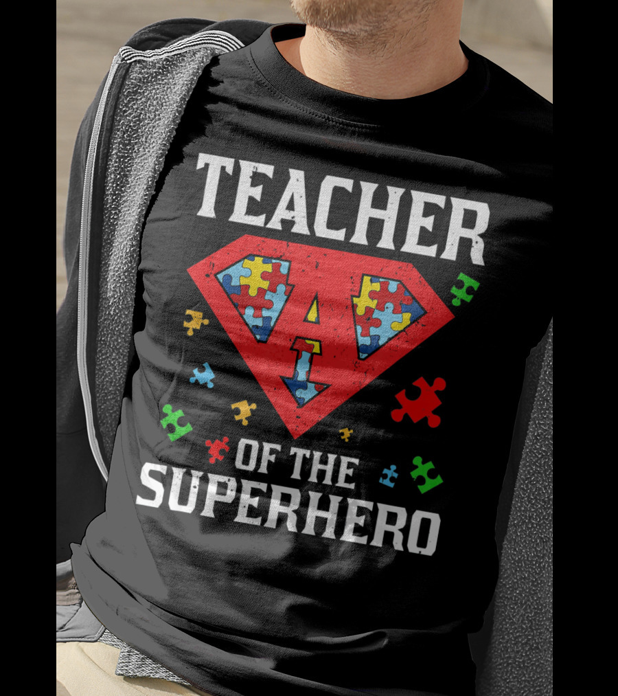 Teacher Of The Superhero With Puzzle Pieces Autism Awareness T-Shirt