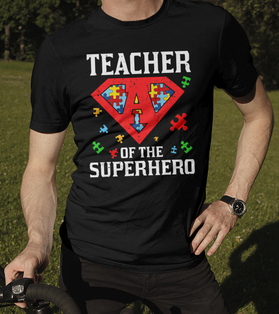 Teacher Of The Superhero With Puzzle Pieces Autism Awareness T-Shirt
