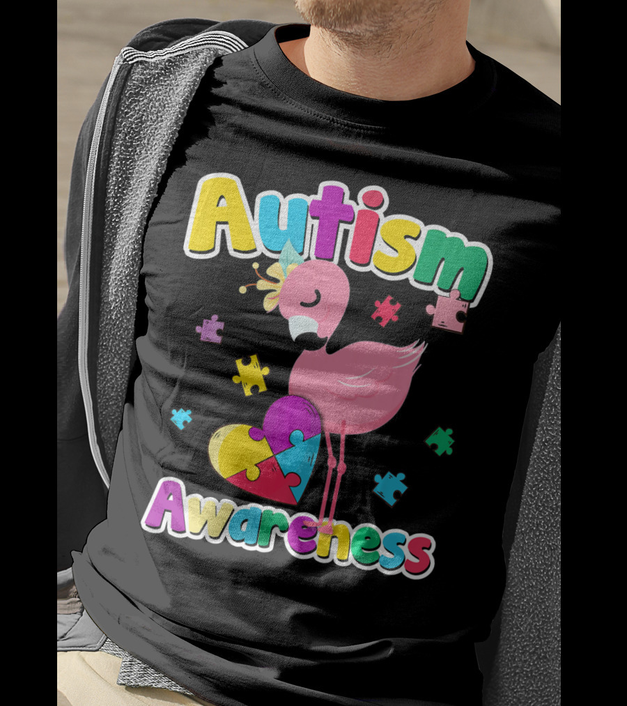 Autism Awareness Flamingo Heart Puzzle Pieces T-Shirt