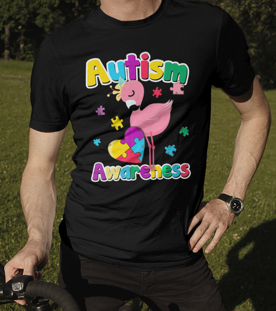 Autism Awareness Flamingo Heart Puzzle Pieces T-Shirt