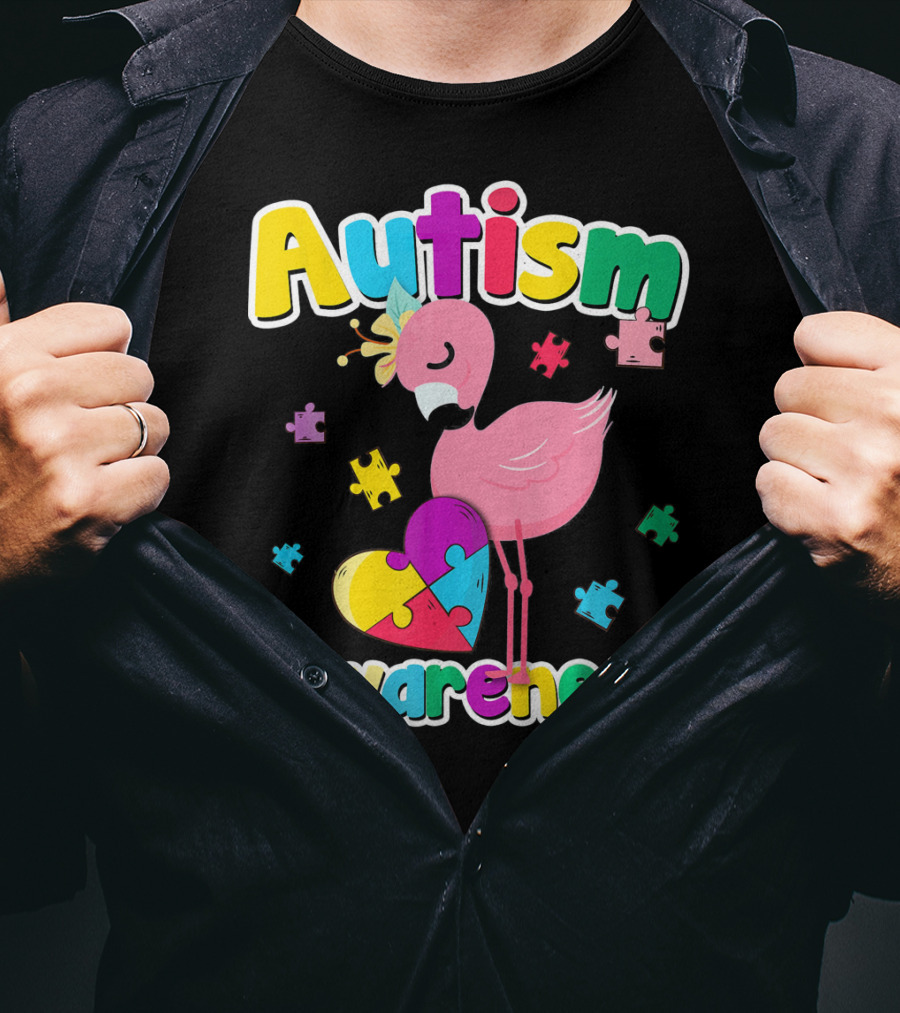 Autism Awareness Flamingo Heart Puzzle Pieces T-Shirt