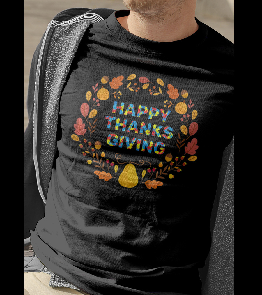 Happy Thanksgiving Day Autism Awareness Fall Leaves And Pumpkins T-Shirt