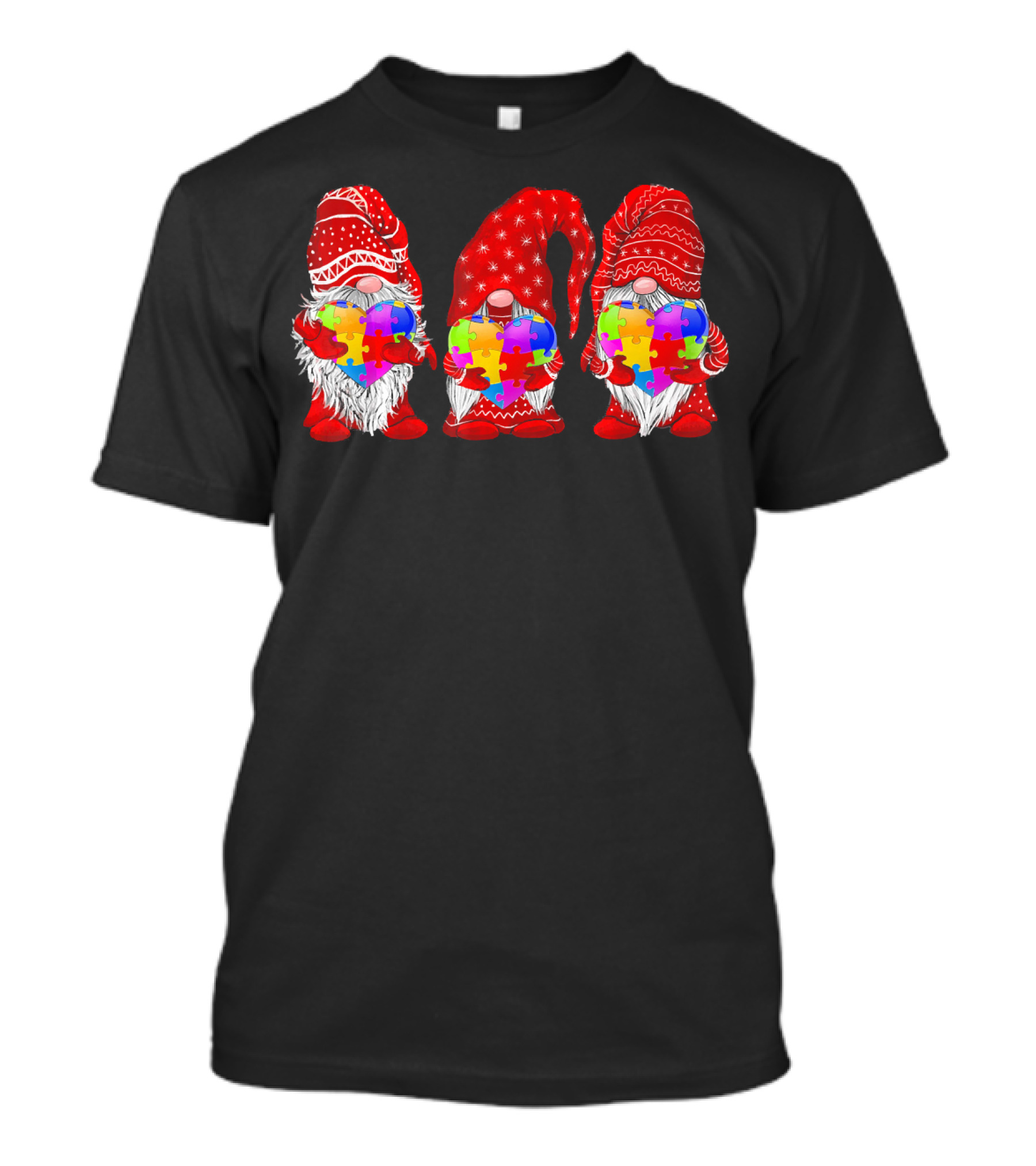 Autism Awareness Gnomies Red Hats Holding Colorful Puzzle Pieces T-Shirt