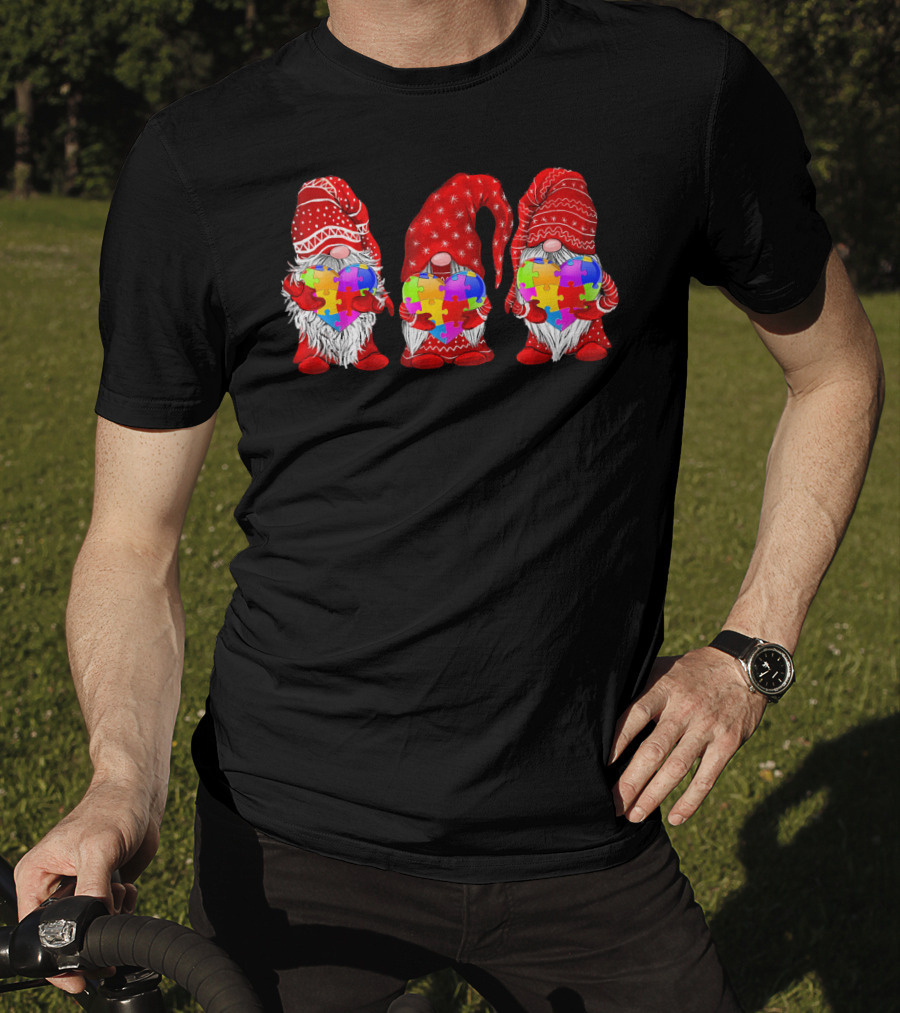 Autism Awareness Gnomies Red Hats Holding Colorful Puzzle Pieces T-Shirt