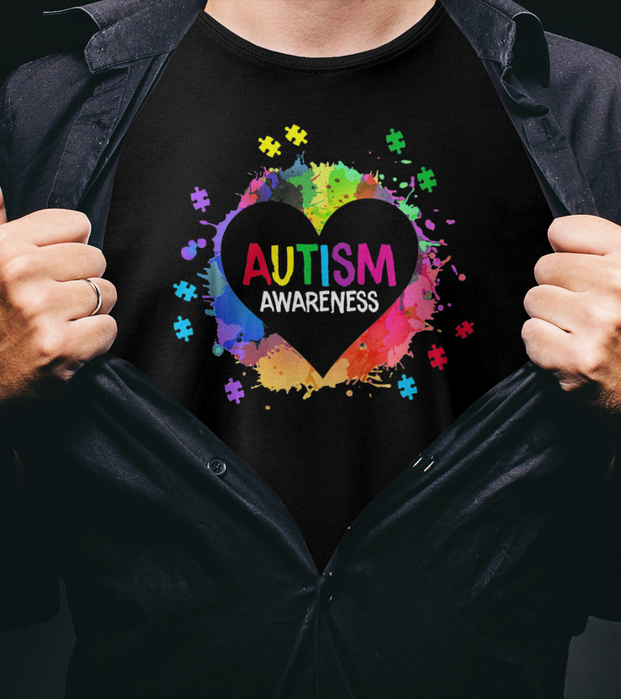 Autism Awareness Colorful Heart Puzzle Splash T-Shirt
