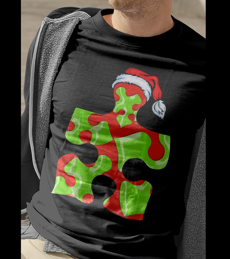 Puzzle Piece Santa Hat Red Green Autism Awareness T-Shirt
