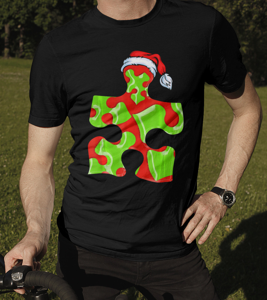 Puzzle Piece Santa Hat Red Green Autism Awareness T-Shirt