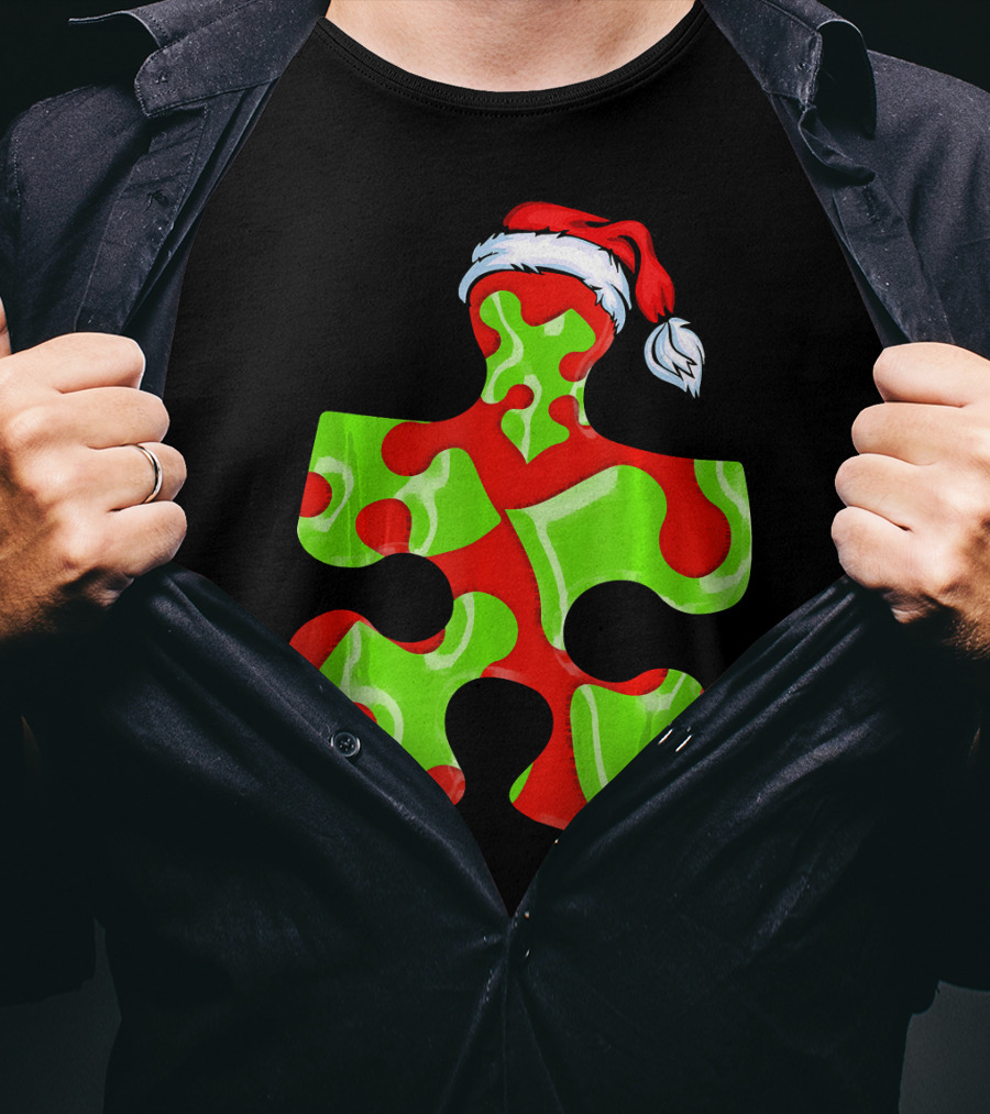 Puzzle Piece Santa Hat Red Green Autism Awareness T-Shirt