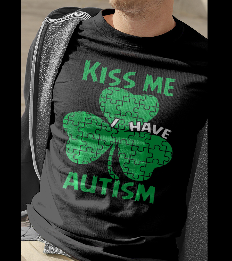 Kiss Me I Have Autism Awareness Shamrock Puzzle T-Shirt