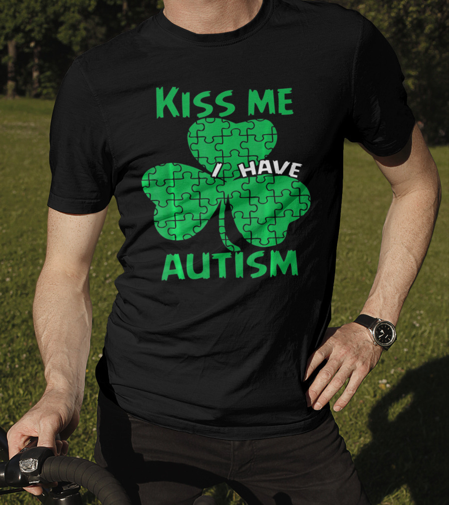 Kiss Me I Have Autism Awareness Shamrock Puzzle T-Shirt