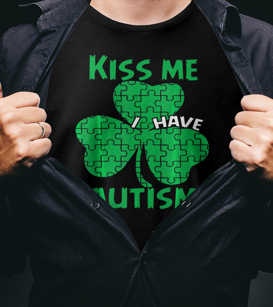 Kiss Me I Have Autism Awareness Shamrock Puzzle T-Shirt