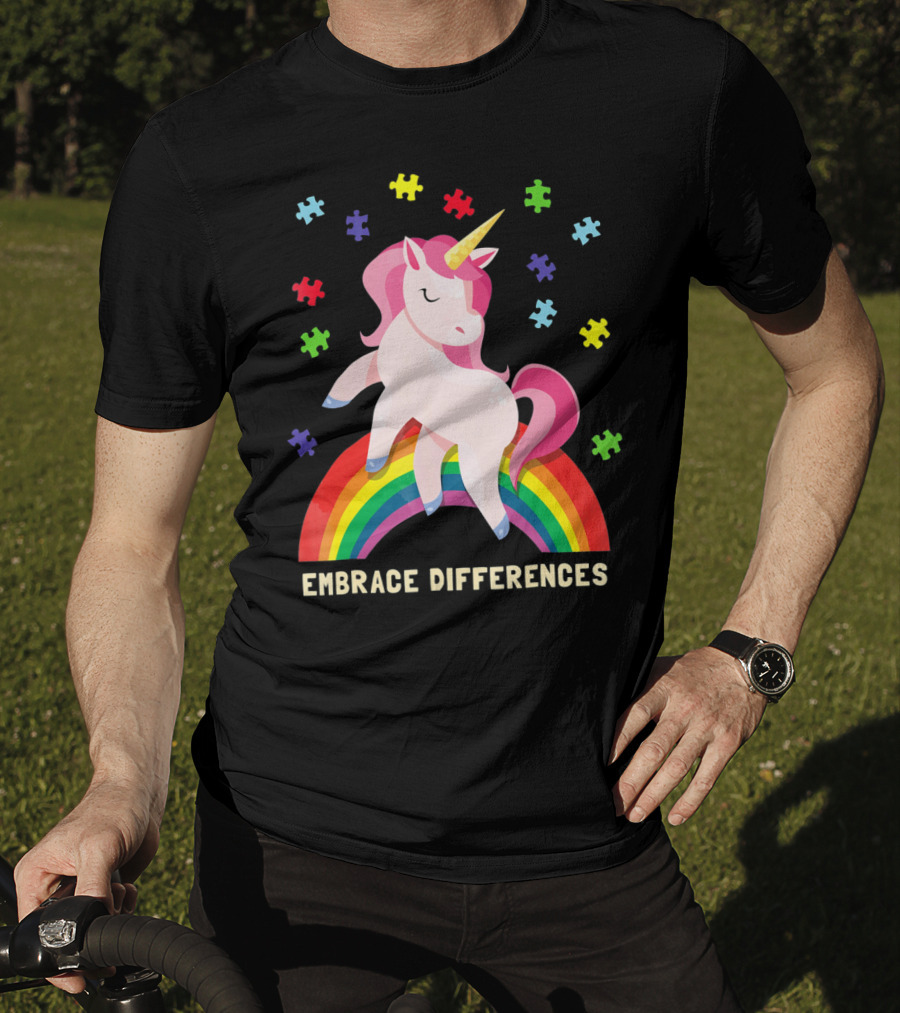 Embrace Differences Autism Awareness Youth Unicorn Rainbow Puzzle Pieces T-Shirt