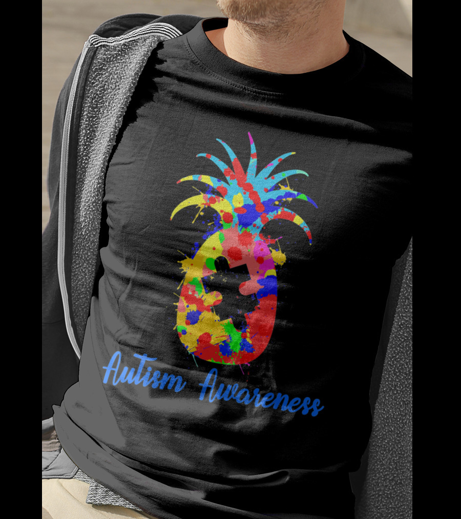 Pineapple Puzzle Piece Autism Awareness Colorful Paint Splatter T-Shirt