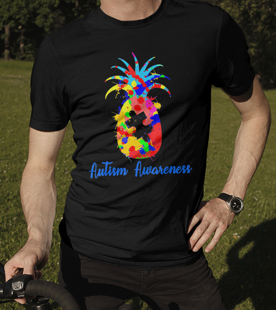 Pineapple Puzzle Piece Autism Awareness Colorful Paint Splatter T-Shirt