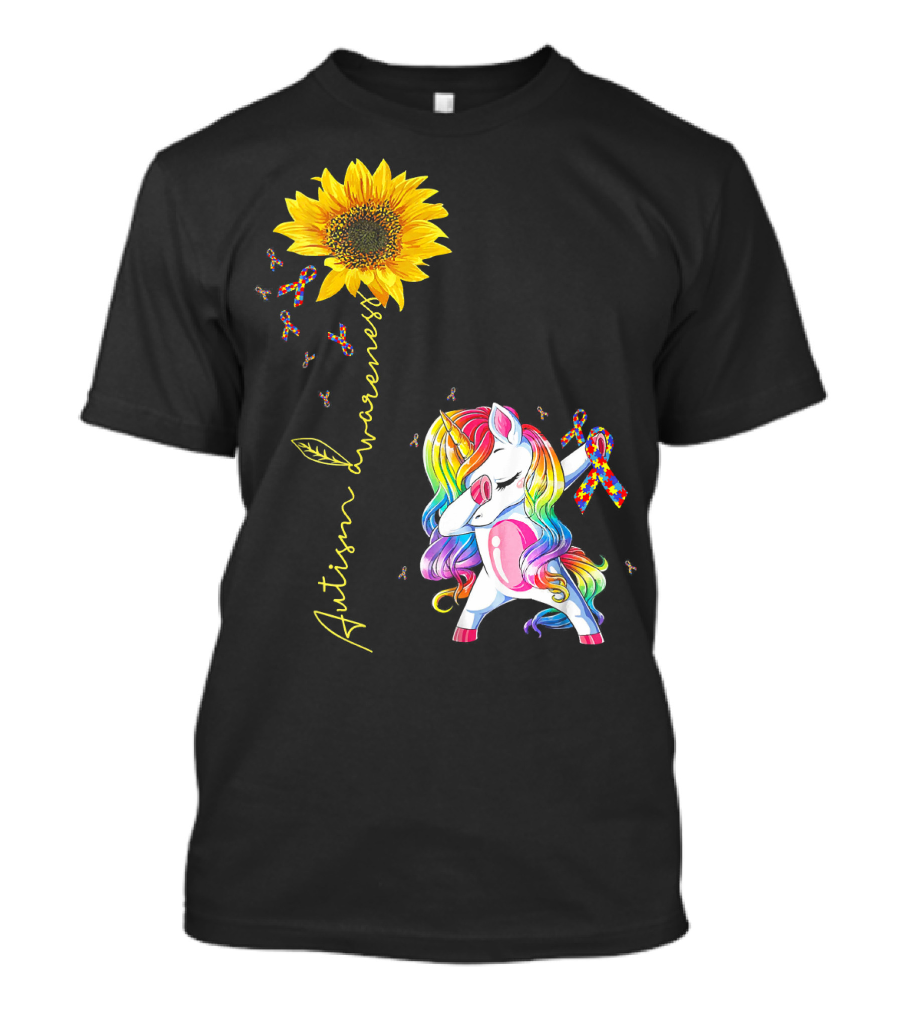 Autism Awareness Unicorn With Rainbow Ribbon Sunflower T-Shirt