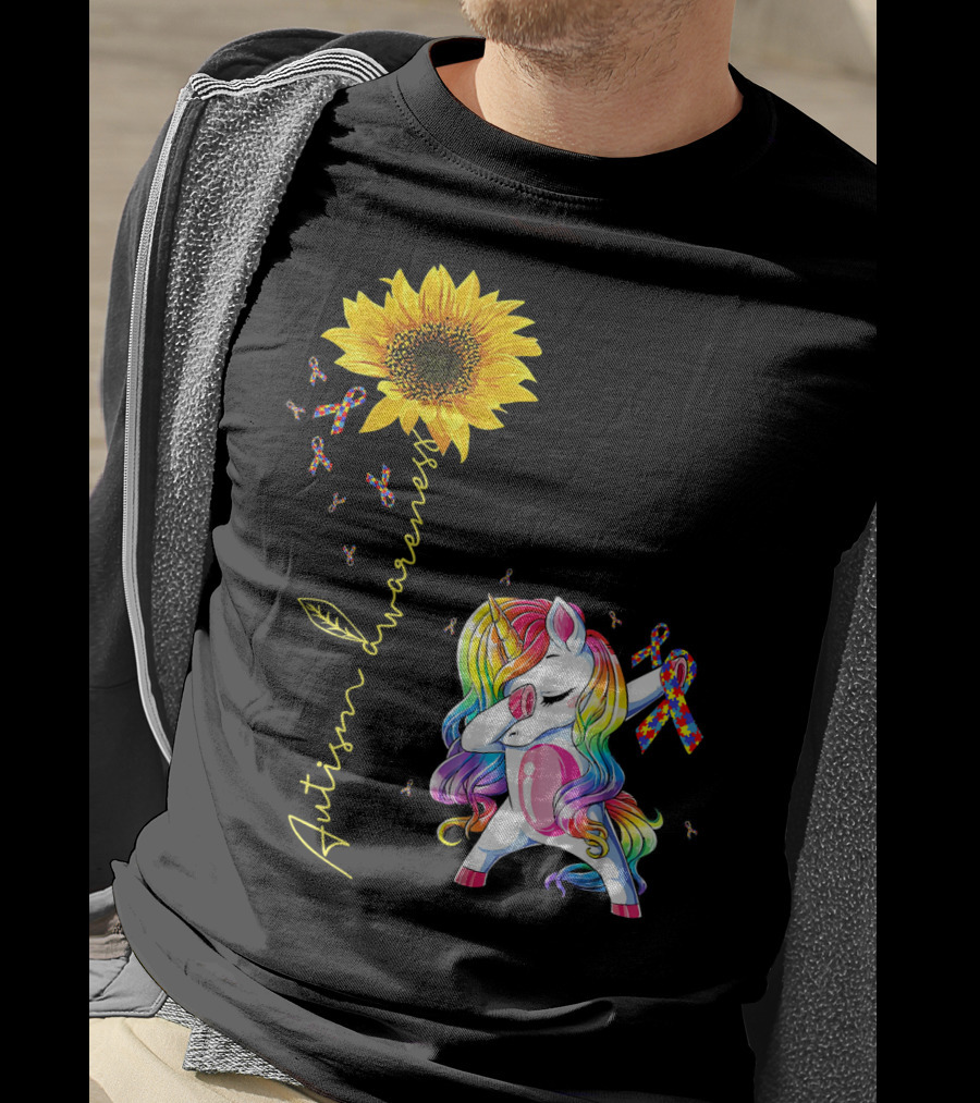 Autism Awareness Unicorn With Rainbow Ribbon Sunflower T-Shirt