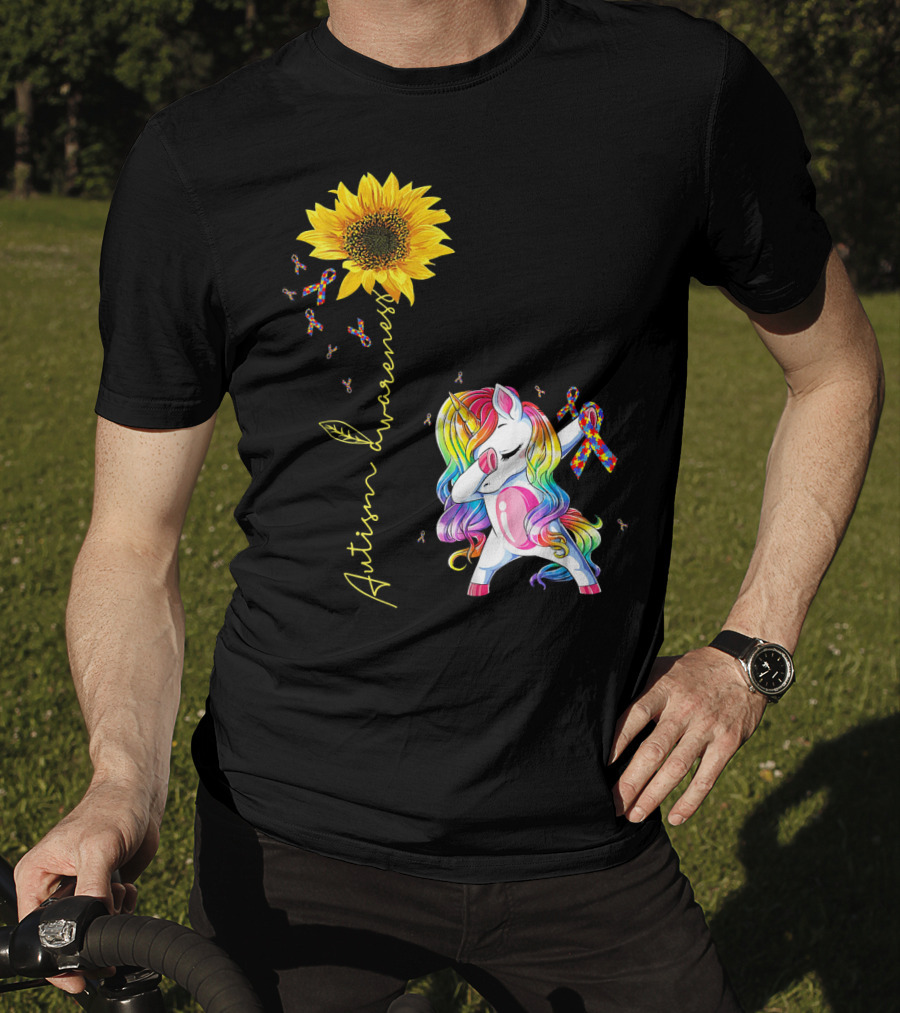 Autism Awareness Unicorn With Rainbow Ribbon Sunflower T-Shirt