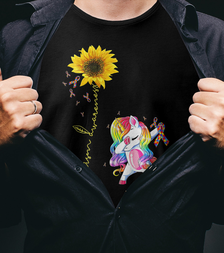 Autism Awareness Unicorn With Rainbow Ribbon Sunflower T-Shirt