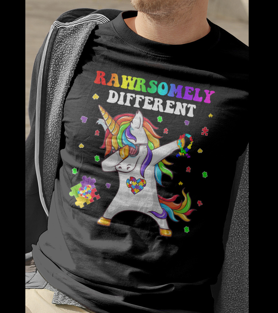 Rawrsomely Different Unicorn Autism Awareness Puzzle Pieces Dabbing T-Shirt