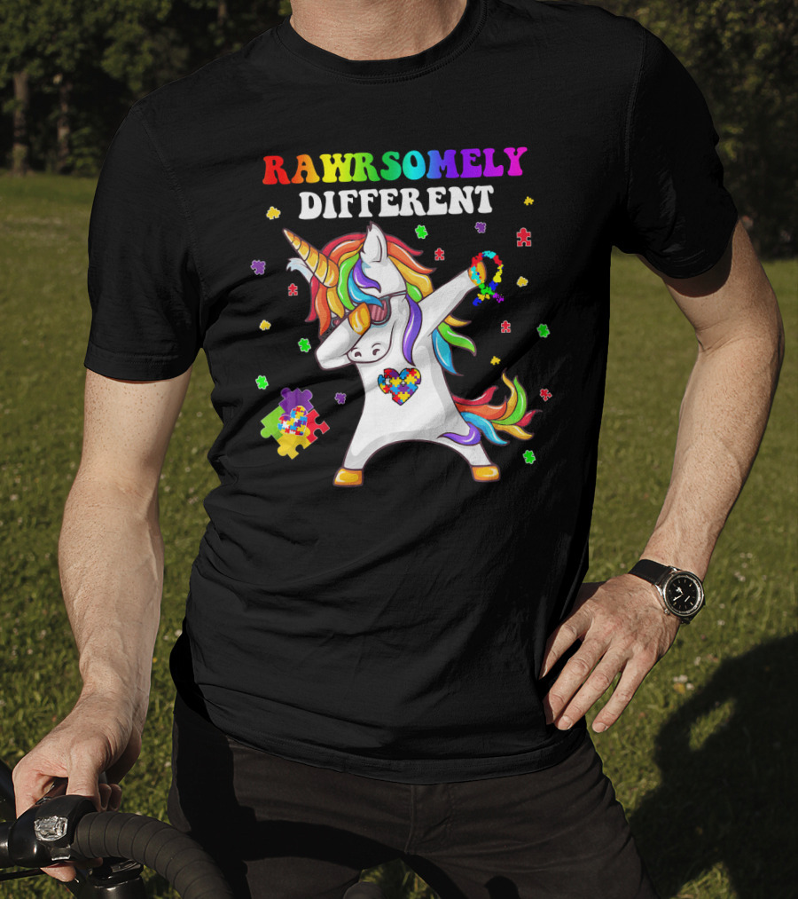 Rawrsomely Different Unicorn Autism Awareness Puzzle Pieces Dabbing T-Shirt