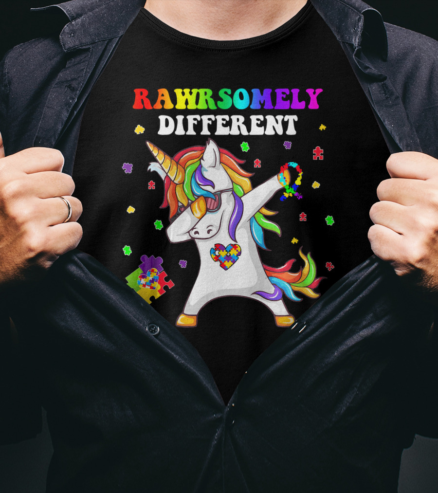 Rawrsomely Different Unicorn Autism Awareness Puzzle Pieces Dabbing T-Shirt