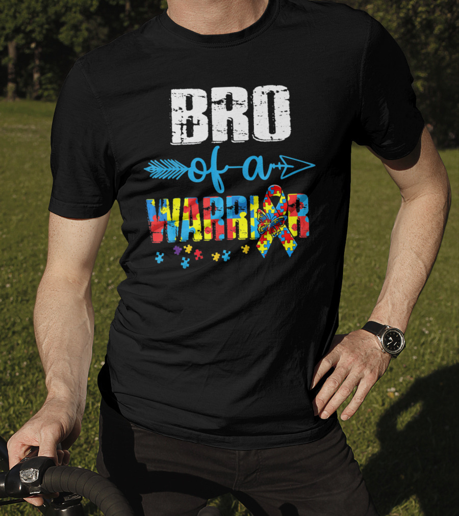 Bro Of A Warrior Autism Awareness Puzzle Ribbon Butterfly Arrow T-Shirt