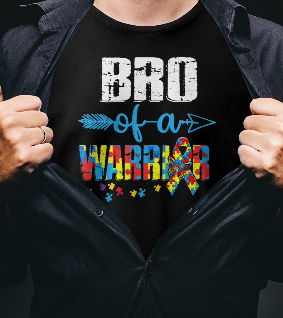 Bro Of A Warrior Autism Awareness Puzzle Ribbon Butterfly Arrow T-Shirt