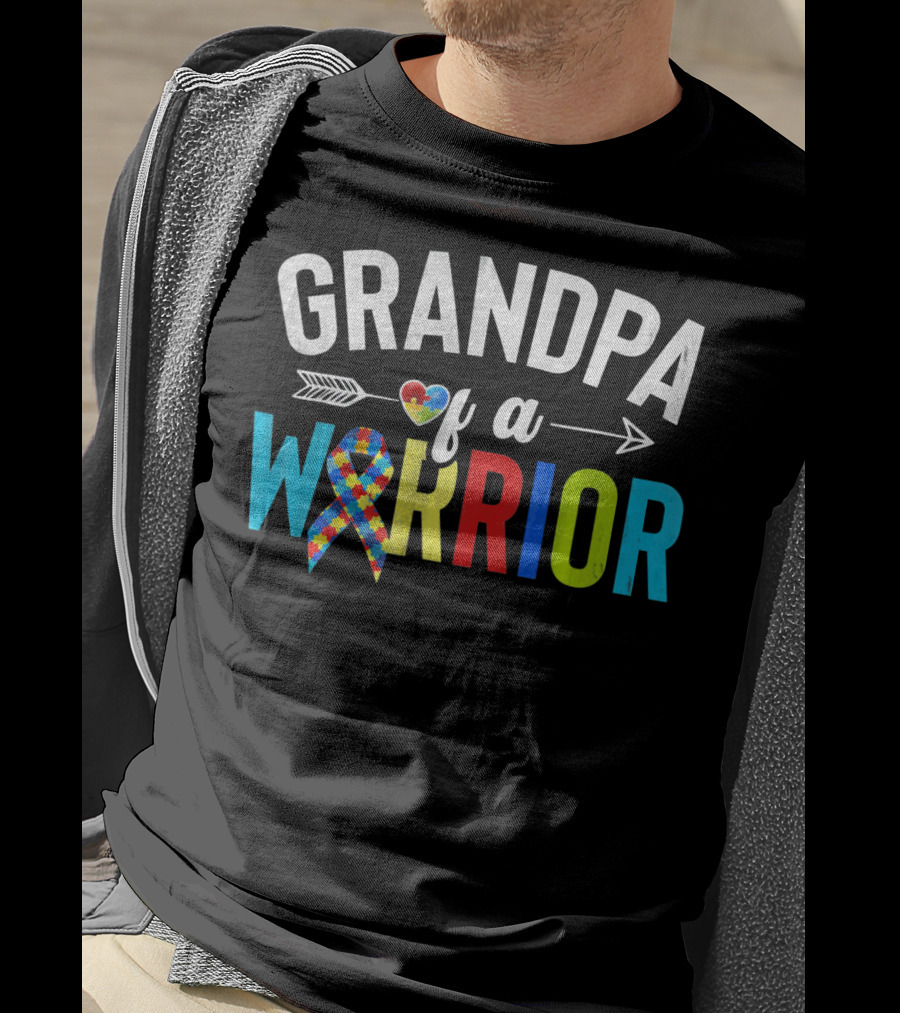 Grandpa Of A Warrior Autism Awareness Puzzle Ribbon Heart T-Shirt