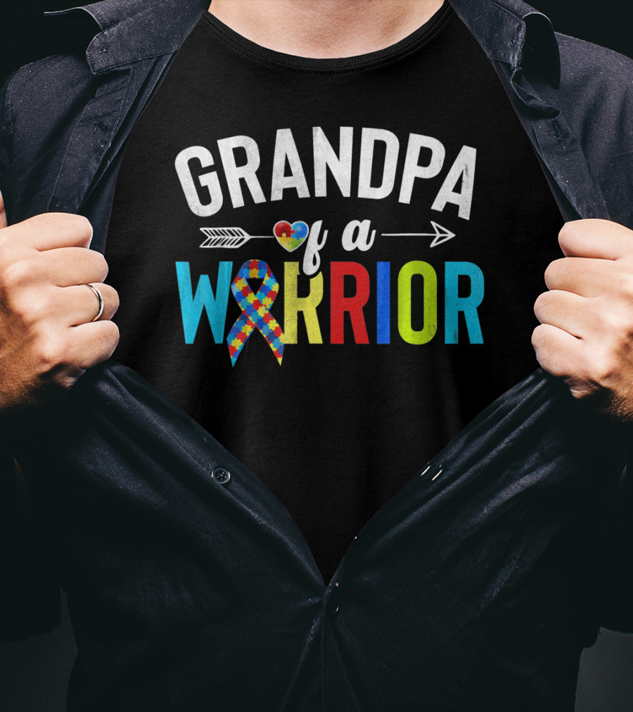 Grandpa Of A Warrior Autism Awareness Puzzle Ribbon Heart T-Shirt