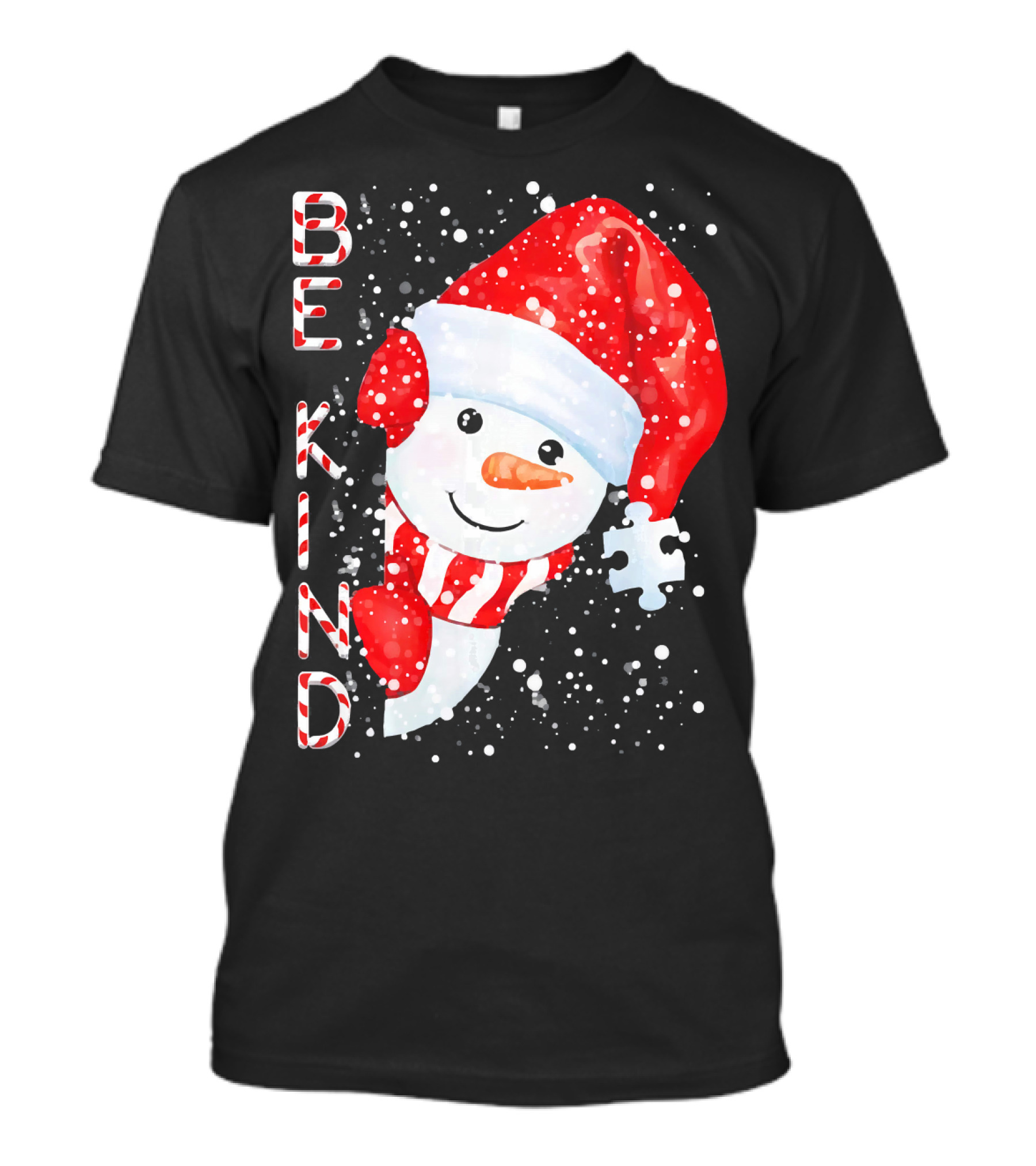 Be Kind Snowman Santa Hat Autism Puzzle Piece Holiday T-Shirt