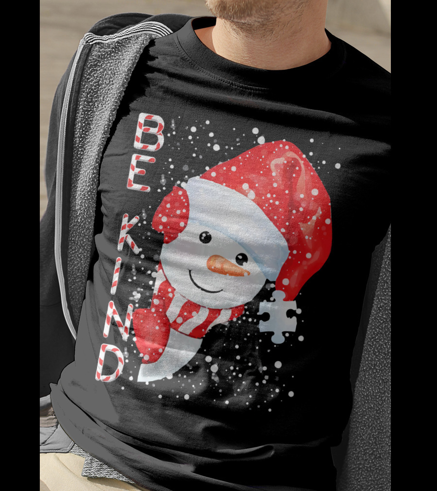 Be Kind Snowman Santa Hat Autism Puzzle Piece Holiday T-Shirt