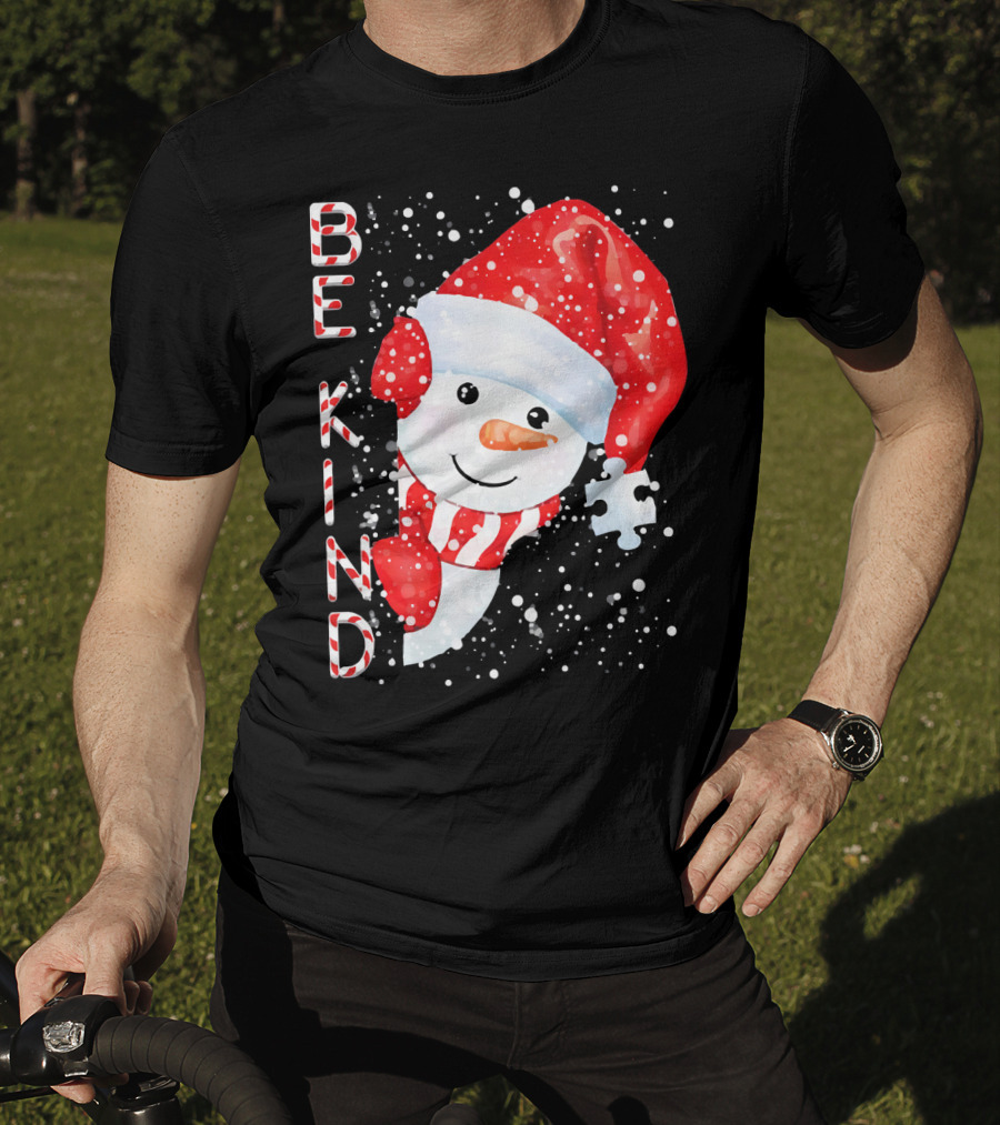 Be Kind Snowman Santa Hat Autism Puzzle Piece Holiday T-Shirt