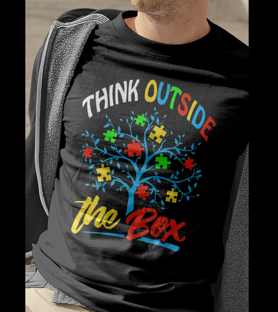 Think Outside The Box Puzzle Tree Autism Awareness T-Shirt