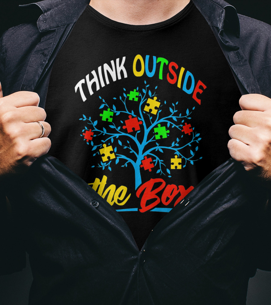 Think Outside The Box Puzzle Tree Autism Awareness T-Shirt